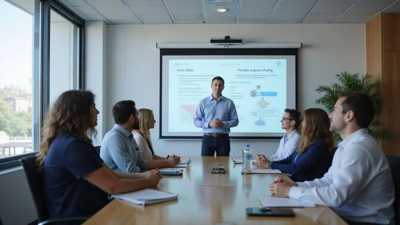 Healthcare compliance trainer leading a workshop for medical office staff in a modern conference room setting