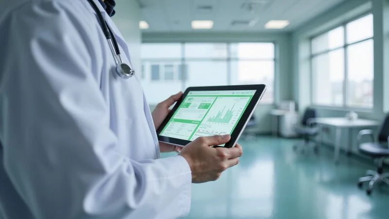 Healthcare provider reviewing billing performance dashboard on a tablet in a modern clinic setting