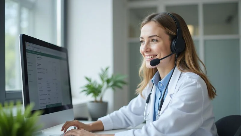 Friendly billing team member on the phone helping a patient with their billing questions in a modern office