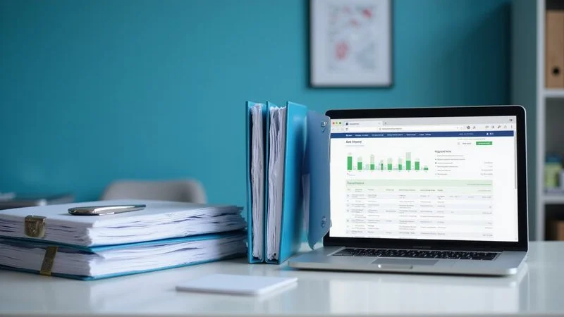 Compliance documentation and healthcare regulations binder on a professional desk with a laptop showing audit results