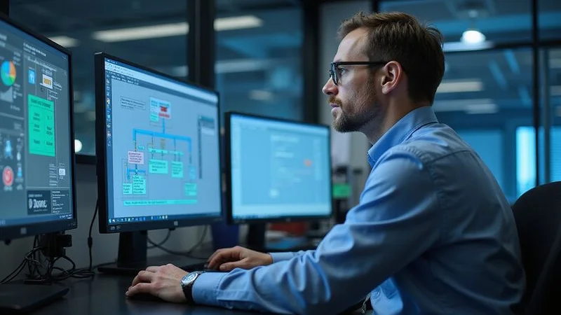 Healthcare IT specialist setting up EHR integration with secure data connections on multiple monitors in a technology office