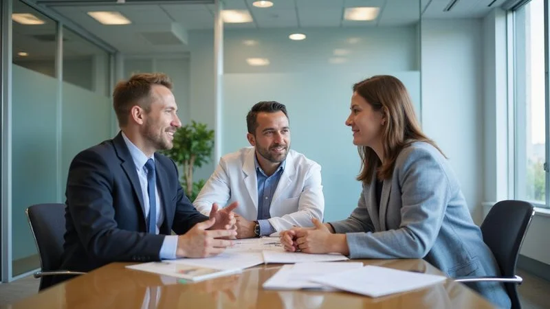 Team of billing professionals collaborating on claim appeal strategy in a bright conference room