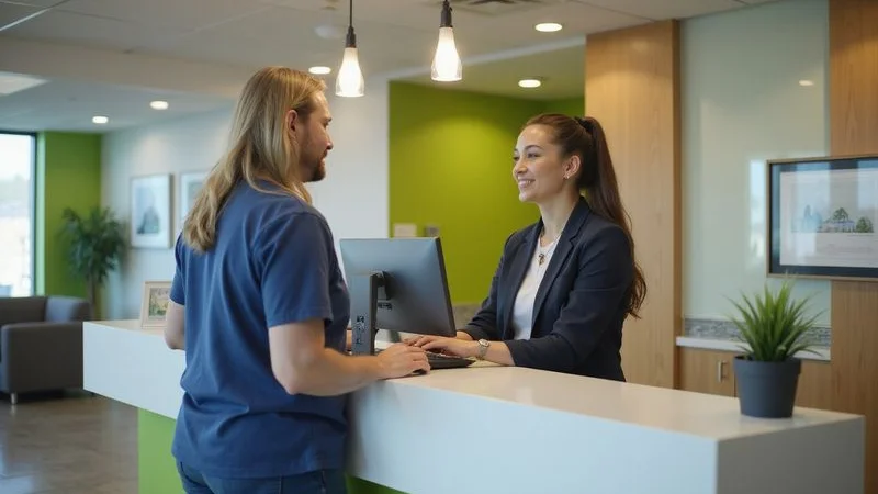Patient checking in at a modern medical office front desk with a friendly receptionist using a computer for verification