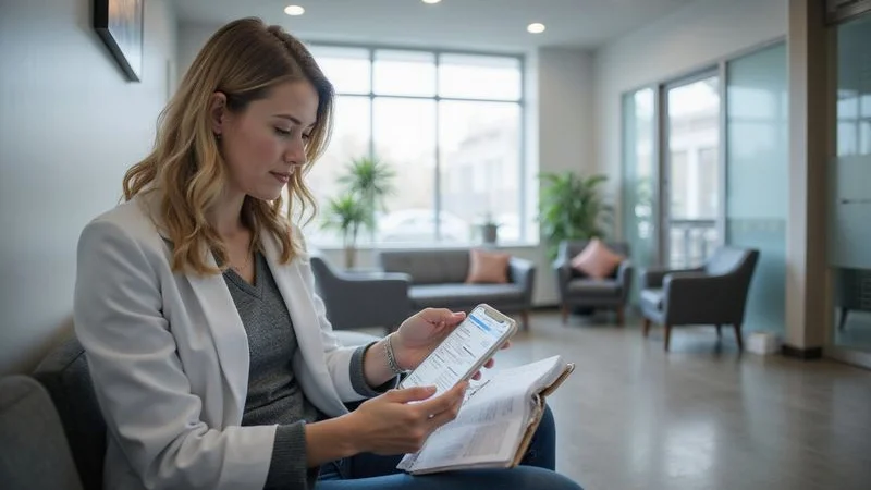 Patient reviewing a clear billing statement on their phone in a comfortable waiting room setting