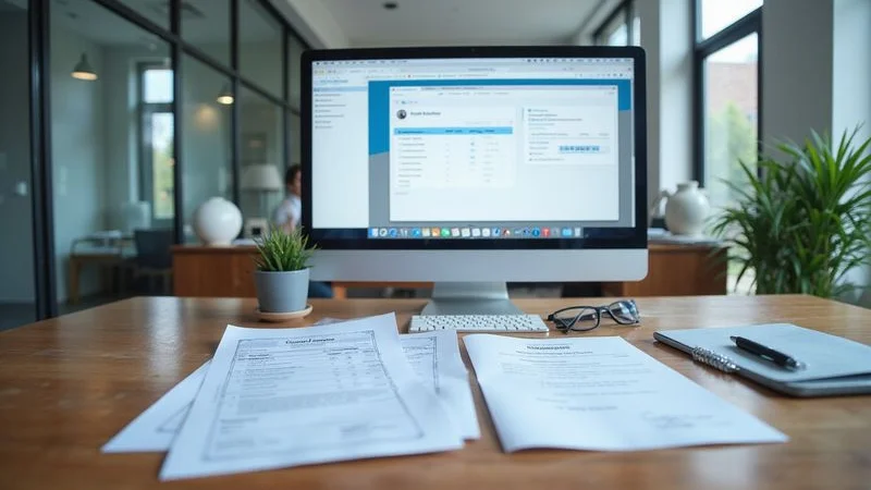 Stack of credentialing application forms and medical certificates on a professional desk with a computer showing a CAQH portal