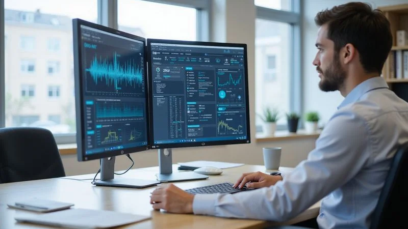 Medical office workflow showing EHR system on one screen connected to billing software on another screen in a modern clinical setting