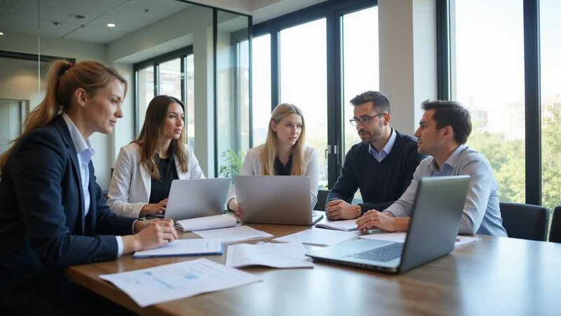 Medical billing team collaborating on revenue cycle optimization in a modern healthcare office